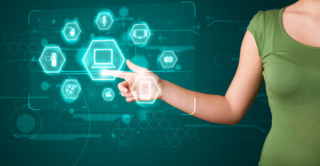 Girl pressing virtual media type of buttons