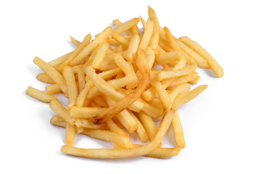 A pile of appetizing french fries on a white background