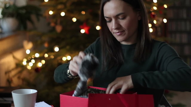 Young charming woman wraps gifts for Christmas