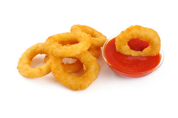 Onion rings, ketchup isolated on white background