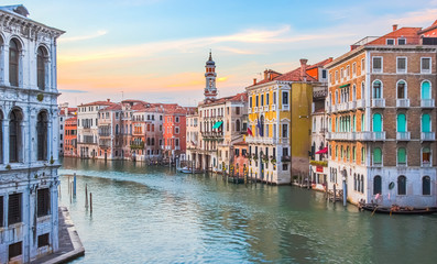 Fototapeta na wymiar Sunset in Venice, Italy - view on colorful houses on Grand Canal