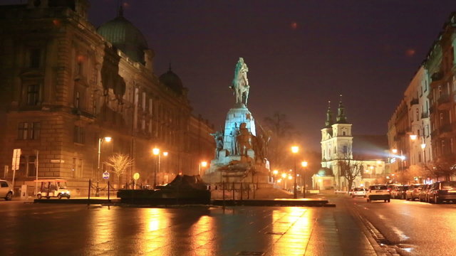 Grunwald Monument on Jana Matejki Square at night, Krakow