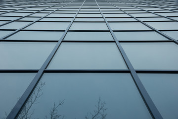 A wall of square blue glass windows