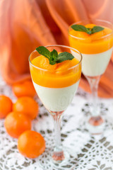 Panna cotta with Mandarin jelly. Shallow depth of field