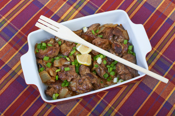 Fried chicken liver in a ceramic plate