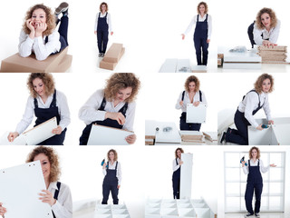 Heimwerkerin baut Regal auf Collage