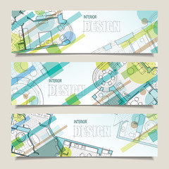 Set of horizontal banners with parts of detailed architectural p