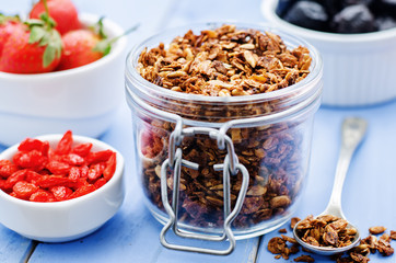 granola with nuts, goji berries and strawberries
