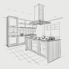 Interior sketch of modern kitchen with island. - 77321701