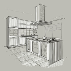 Interior sketch of modern kitchen with island. - 77321708