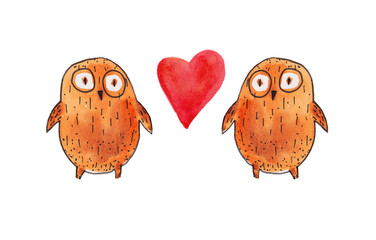 two owl love. Watercolor illustration. Hand drawing