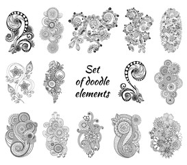 Set of Henna Paisley Mehndi Doodles Element.