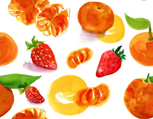 Watercolor tangerines and strawberries pattern
