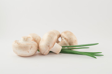 Raw mushrooms and onion leaves