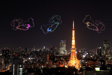 Fototapeta premium heart sparkle Fireworks celebrating over Tokyo cityscape at nigh