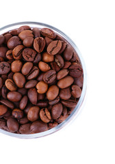 Coffee beans in glass jar isolated on white