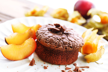 Hot chocolate pudding with fondant centre, close-up