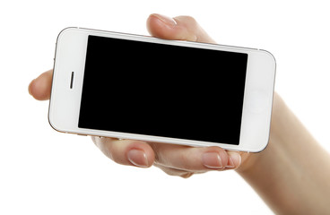 Hand holding mobile smart phone isolated on white