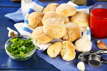 Fresh homemade bread buns from yeast dough with fresh garlic