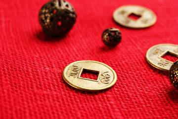 Feng shui coins on table close-up