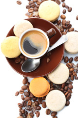 Gentle colorful macaroons and black coffee in mug isolated