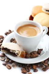 Gentle colorful macaroons and black coffee in mug isolated