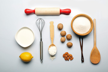 Fototapeta na wymiar Food ingredients and kitchen utensils for cooking isolated
