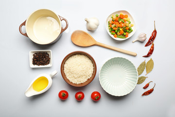 Food ingredients and kitchen utensils for cooking isolated