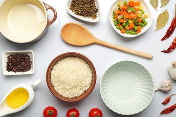 Food ingredients and kitchen utensils for cooking