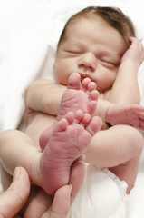 Hand of the mother holding the newborn baby boy little feet up.