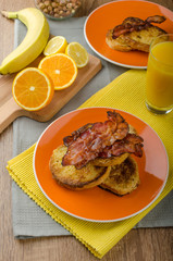 French toast with bacon and fresh juice