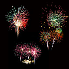 Set of colorful fireworks light on the black sky