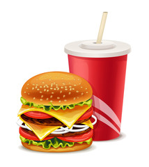 Fast food banner with hamburger and soda