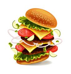 Hamburger is exploding. Vector illustration - obrazy, fototapety, plakaty