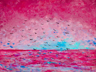 Sunset at the sea, birds in the sky