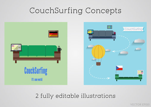 Set of Couch surfing concept. Travel infographic.