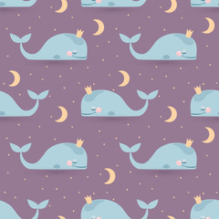 Seamless vector pattern with sleeping whales, moon & stars. Good - 77358386