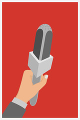 Hand holding a microphone, press conference, vector illustration
