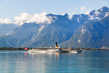 A boat floating in Geneva  lake in Switzerland