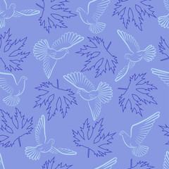 Seamless pattern with pigeons and leaves on a blue background