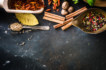 wooden spoons with spices and herbs