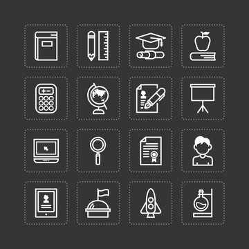 Vector flat icons set of education school tools outline concept.