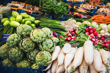Fruits and vegetables at a farmers  market