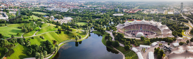 Panoramic view at Stadium of the Olympiapark in Munich,  Germany - obrazy, fototapety, plakaty