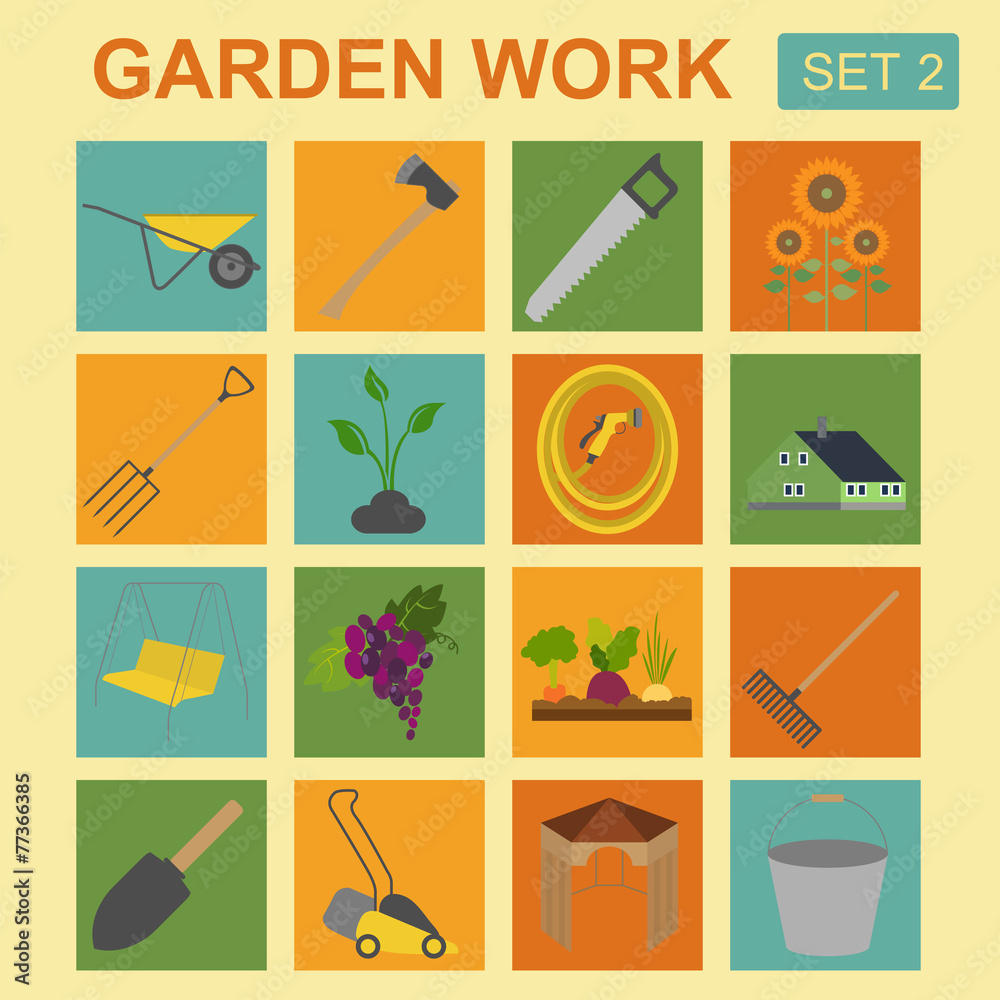 Wall mural Garden work icon set. Working tools