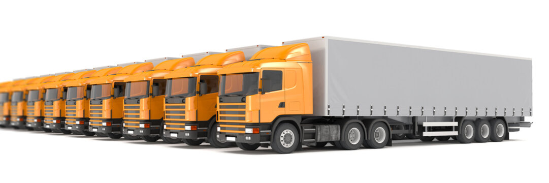 orange cargo trucks parked in a row - shot 24