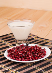 Milk with grains of a pomegranate