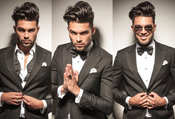 man in tuxedo, unbuttoning his coat and praying