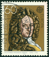 stamp printed in Germany shows Gottfried Wilhelm Leibniz