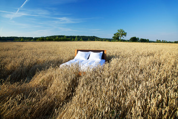 bed in a grain field- concept of good sleep © Artur Nyk